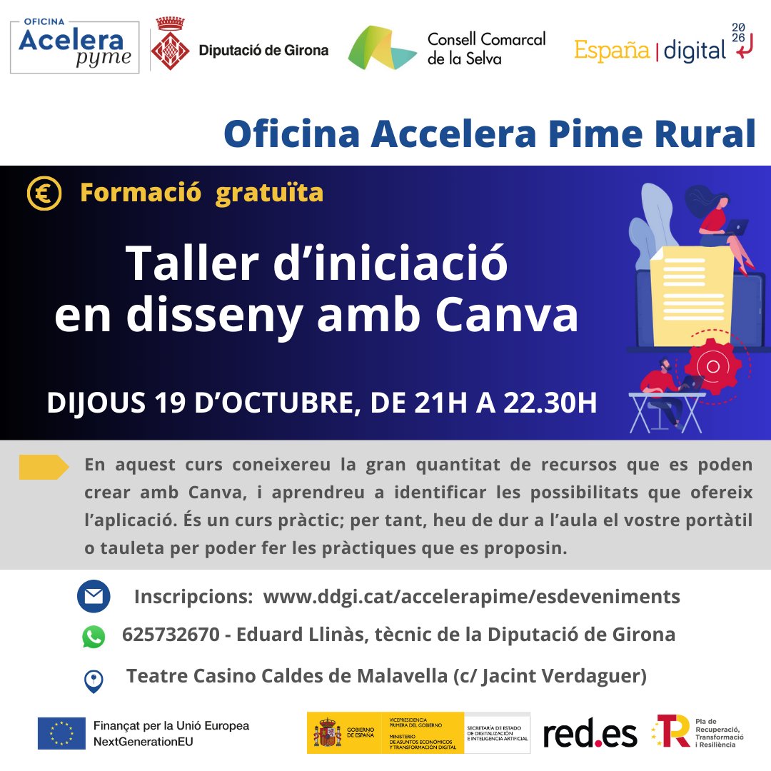 DiputacioGirona's tweet image. 💻Voleu iniciar-vos en el disseny per millorar la imatge a les xarxes socials?
🖌Apunteu-vos en el taller de disseny amb Canva!

🗓19 d’octubre
⏰21h
📍#CaldesdeMalavella

✍🏼Inscripcions a: bit.ly/45AbA9G

✅Gratuït

#OficinasAcelerapyme #NextGenerationEU #PromoEcoDdgi