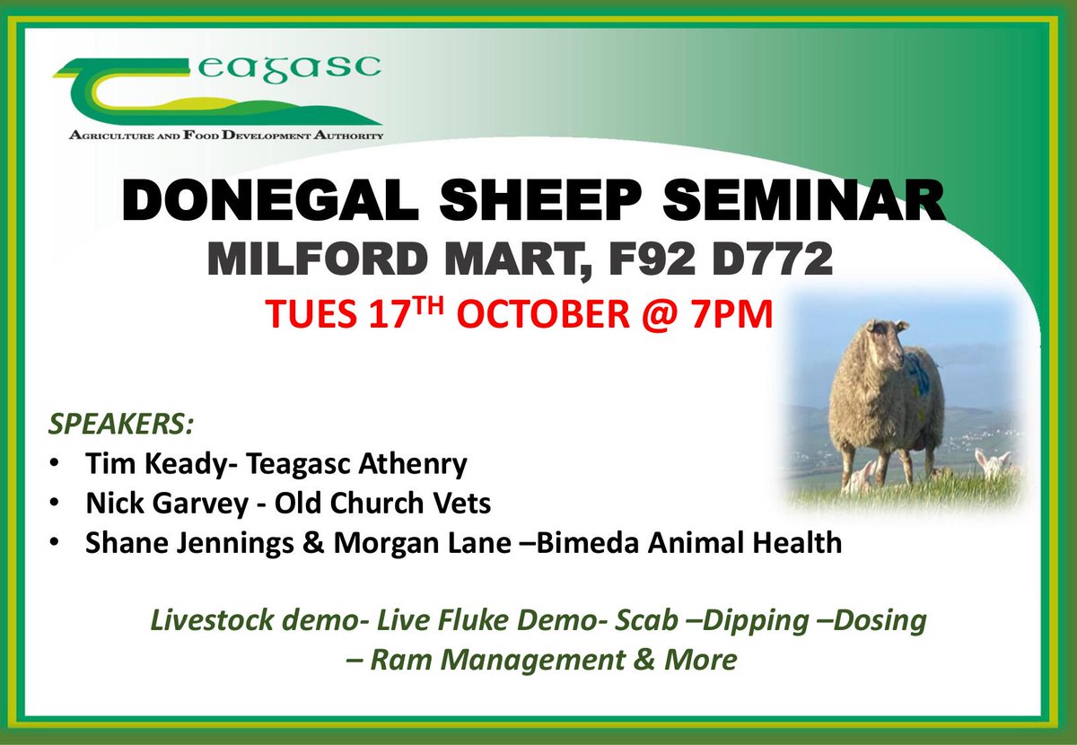 Don't forget to join us this evening Tuesday 17th of October at 7:00pm in Milford Mart for our Sheep Seminar.
#donegal #teagasc #sheepfarming #milford