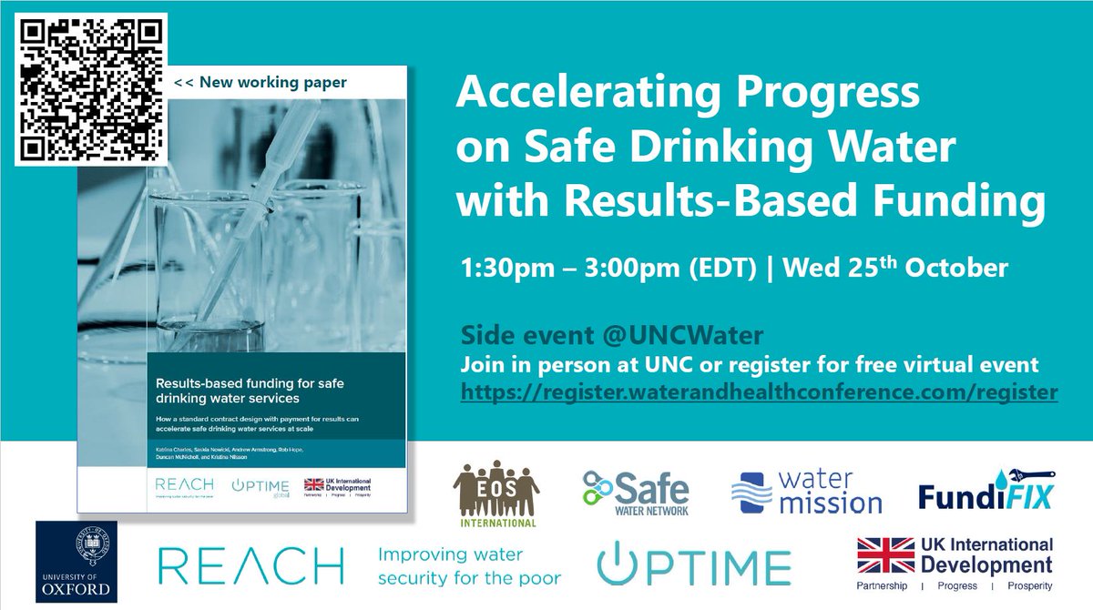 Join #UNCWaterandHealth Wednesday side event to discuss the outlook for accelerating progress on #SafeDrinkingWater with results-based funding. 
Free virtual registration: register.waterandhealthconference.com/register/
Working paper: reachwater.uk/resource/resul…