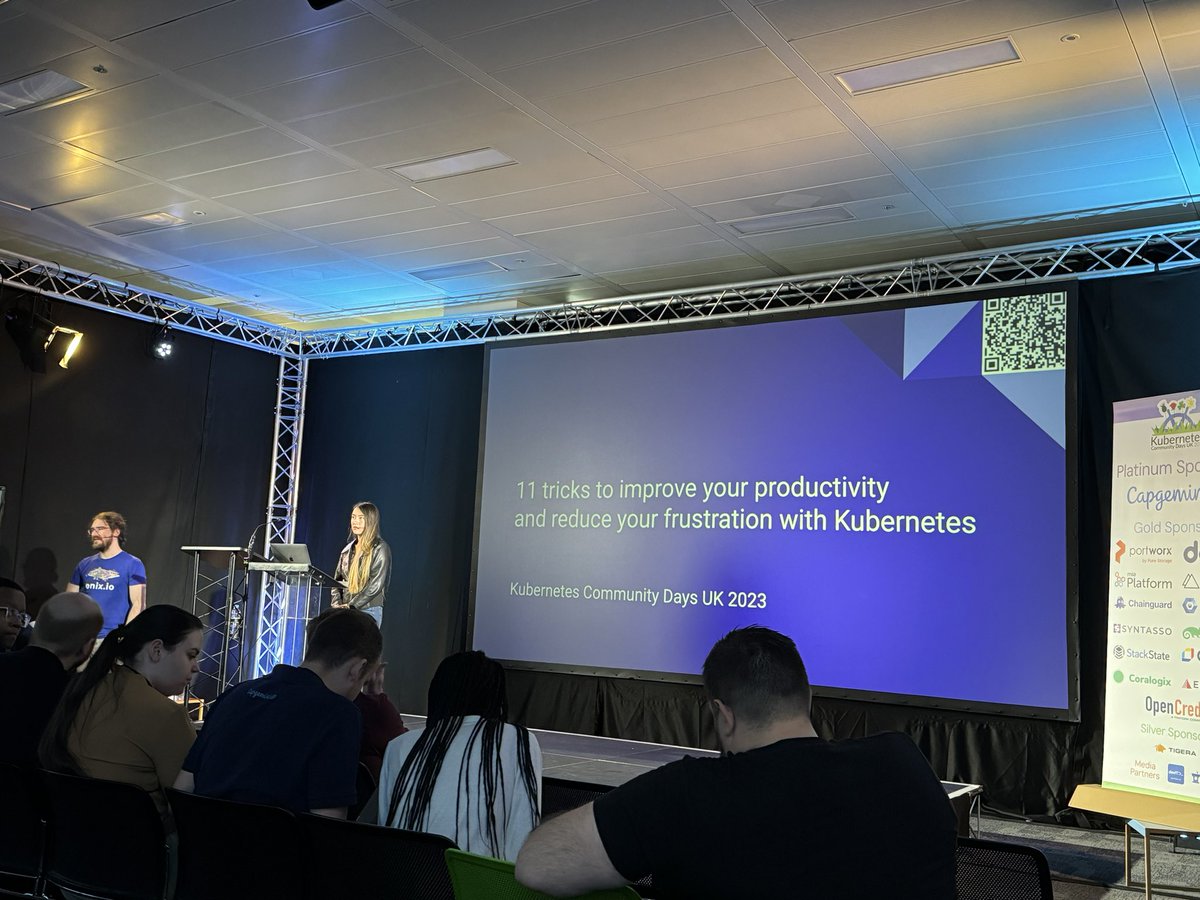 Here with our very own @tiffanyfayj from @VMware and @jpetazzo talking about 11 tricks to improve your productivity and reduce your frustration with Kubernetes! #kcduk