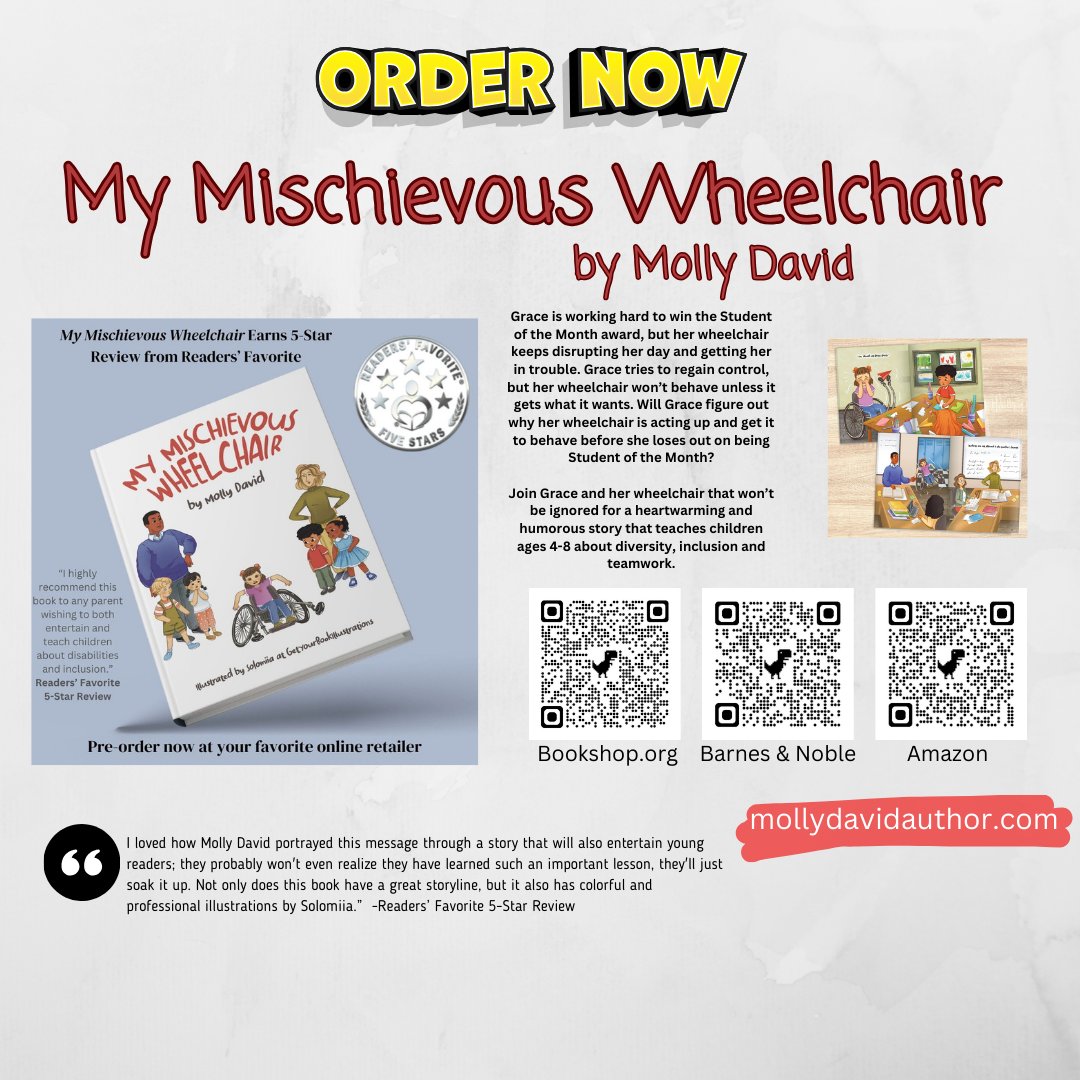 Order My Mischievous Wheelchair now! Available for pre-order though online retailers.
#kidsbookstagram #bookrecommendations #storytime #childrensbooks  #debutpicturebook #picturebook #picturebooks#LoveToRead #NewChildrensBooks #inclusion #disability life #sempergrata