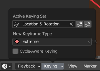 🔨#Blender #animation tip 🔨

You can set the Keying set under the Keying menu in the Timeline, so you don't need to press "I" and select from the dropdown menu every time you want to set a key. You can also set keyframe type here.