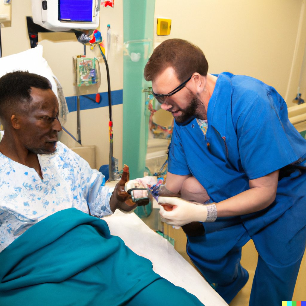 “Black African surgeon is providing expert care to White patients in the United Kingdom, photojournalism”.

White saviour tropes are perpetuated in AI image generators. Here is what DALL-E generated for me with this prompt.

Similar to issues reported here: