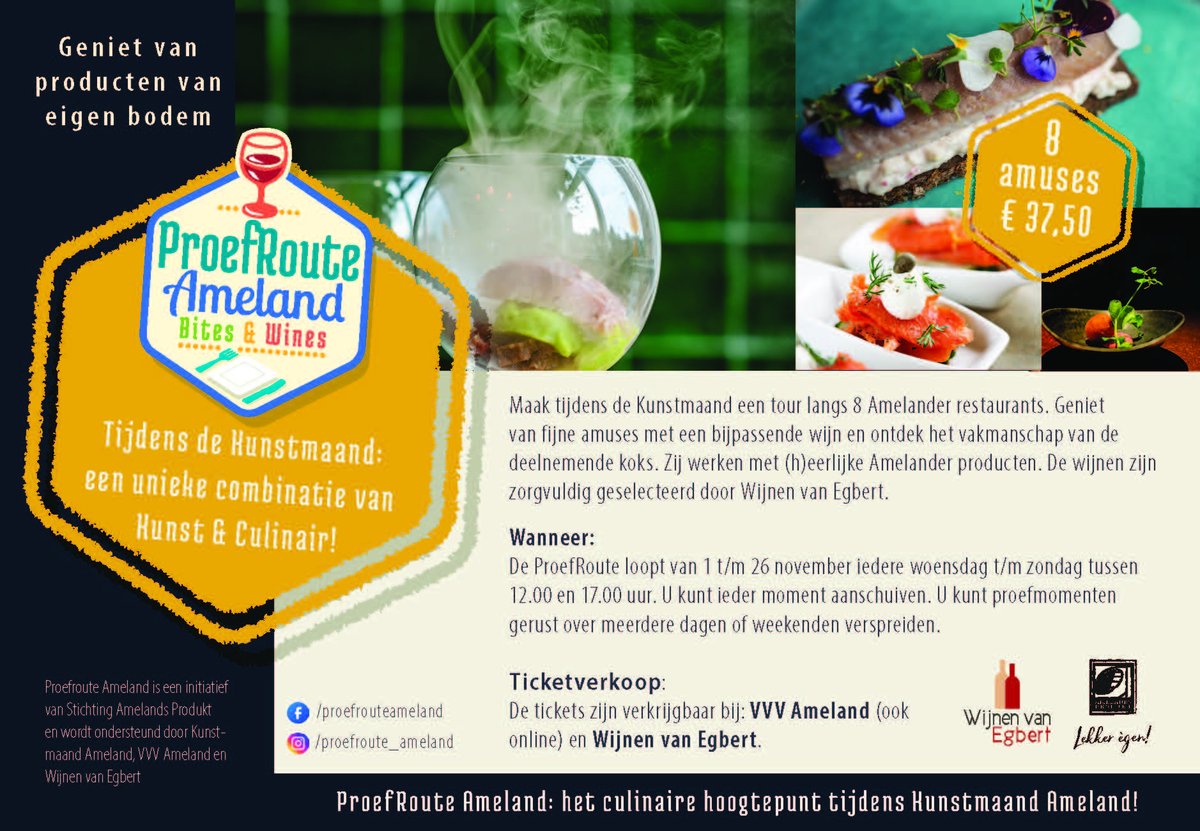 Proefroute Ameland langs 8 toprestaurants. Van 1 t/m 26 november op woensdag t/m zondag tussen 12:00 – 17:00 uur. Meer info: waddengoud.nl/waddengoud-jou… <a href="/amelandsproduct/">Amelands produkt</a> #ameland #proefroute #waddengoud