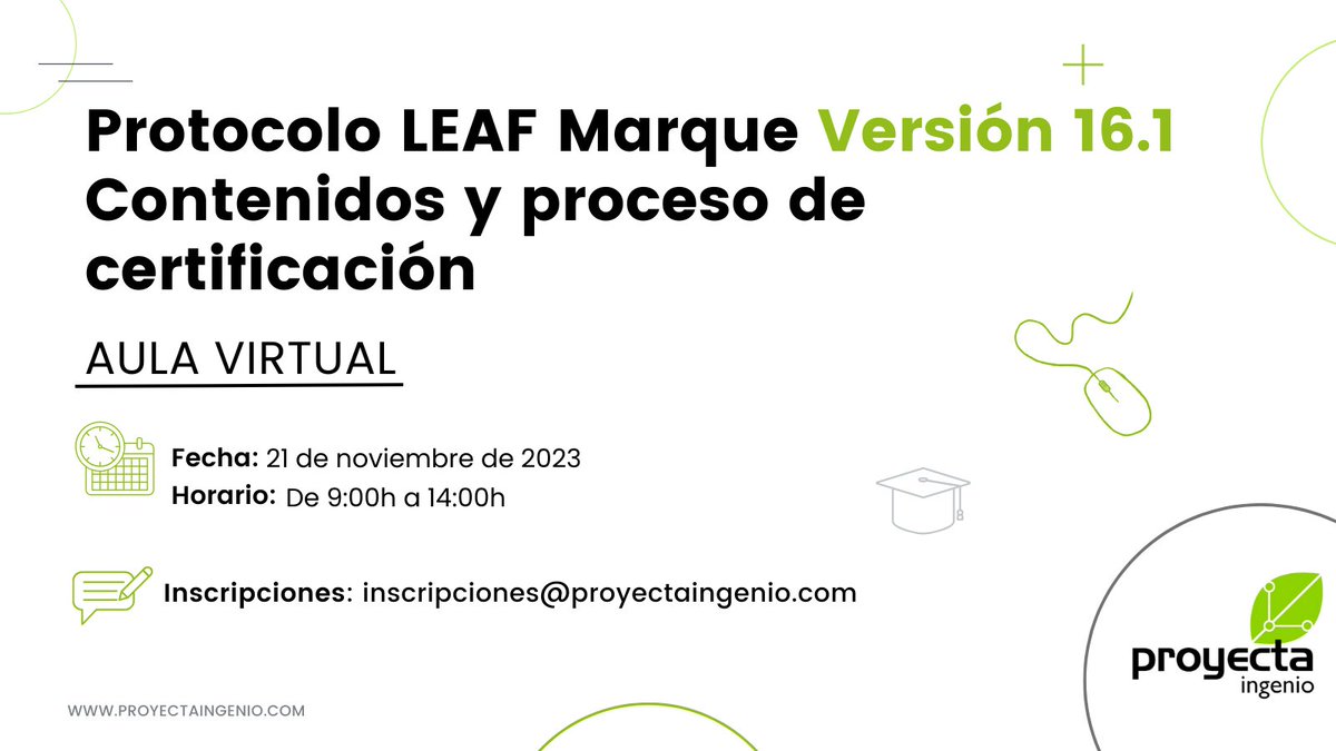👩‍🏫 ¡NUEVA CONVOCATORIA! 👩‍🏫
Nuevo #curso en modalidad #Aulavirtual sobre Protocolo LEAF Marque Versión 16.1 Contenidos y proceso de certificación
📅21 de noviembre. De 9:00 a 14:00h
Si tienes alguna duda o quieres inscribirte ¡Visita nuestra web! 👇👇👇
acortar.link/DxdCJq