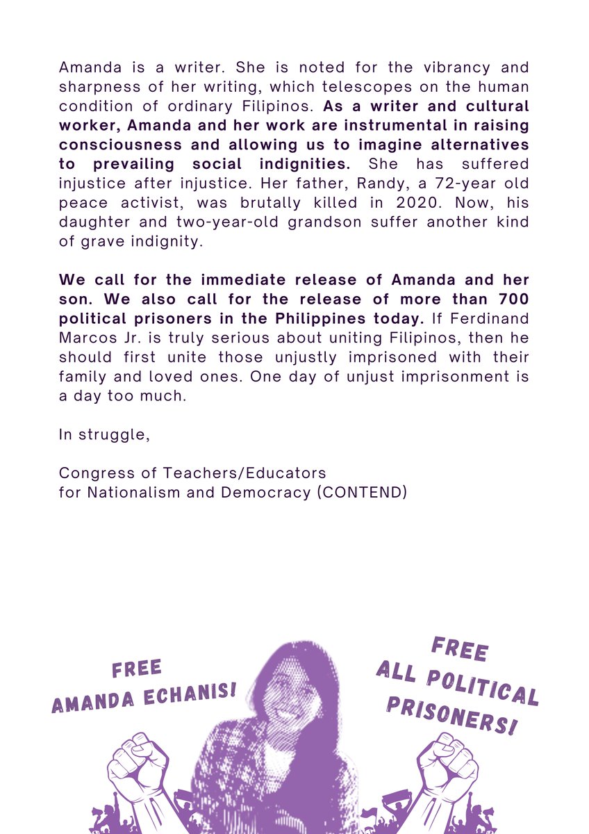 CONTEND_UP's tweet photo. [OPEN LETTER FOR THE IMMEDIATE RELEASE OF AMANDA ECHANIS]

We also call for the release of more than 700 political prisoners in the Philippines today!  

Read in full: https://t.co/XDAJjdcyEl

#FreeAmandaEchanis!
#FreeAllPoliticalPrisoners! https://t.co/cZu0Ou4FNO