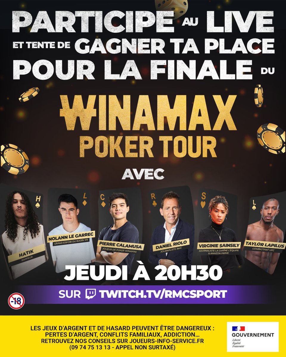 ♠️♥️ 𝐑𝐌𝐂 𝐏𝐎𝐊𝐄𝐑 𝐍𝐈𝐆𝐇𝐓 ♦️♣️

Pour marquer les 3⃣0⃣0⃣K followers sur la chaîne Twitch RMC Sport, on organise un LIVE POKER pour apprendre et échanger AVEC DES GUESTS (𝗲𝘁 𝗶𝗹𝘀 𝗽𝗲𝘂𝘃𝗲𝗻𝘁 𝗩𝗢𝗨𝗦 𝗳𝗮𝗶𝗿𝗲 𝗴𝗮𝗴𝗻𝗲𝗿 𝗚𝗥𝗢𝗦) :
📻 <a href="/DanielRiolo/">Daniel Riolo</a>
🎤 <a href="/HatikMusic/">3atik</a>