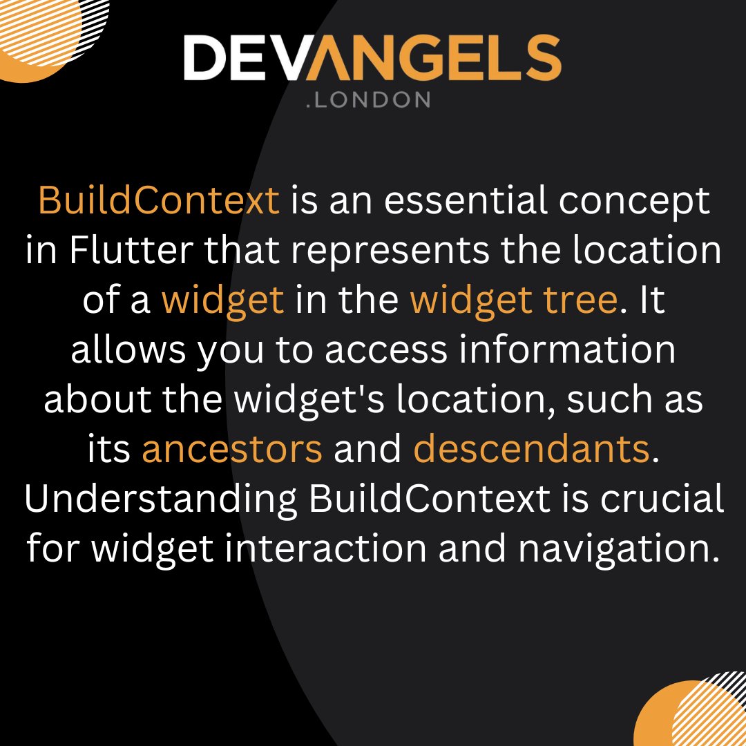 DevAngelsLtd's tweet image. The language used in mobile app development can be tricky, so we are going to post weekly explainers to get you up to speed.

Next up is &apos;BuildContext&apos;.

#flutterexpert #appdevexpert #appdev #flutter #flutterdev #dart #mobileapp #mobileappdevelopment