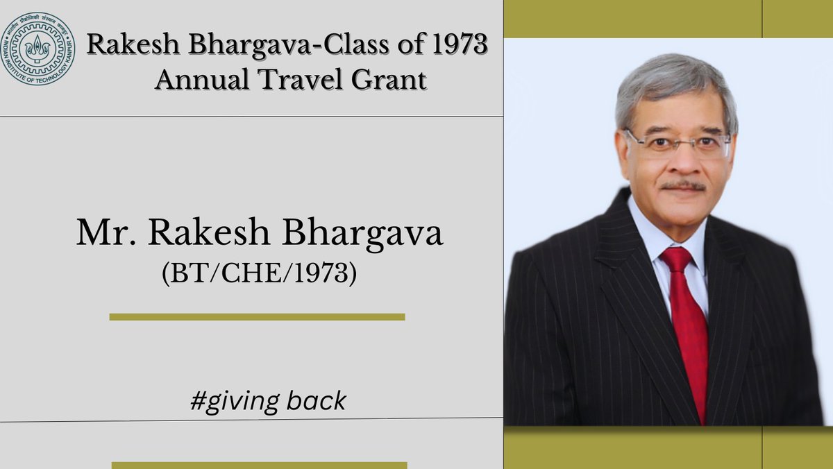 DoRA_IITK's tweet photo. #givingback
We extend our heartfelt #gratitude to Mr. Rakesh Bhargava for instituting Rakesh Bhargava-Class of 1973 Annual Travel Grant to support the Chemical Engineering Dept. at @IITK. https://t.co/HfgrGFLAgt