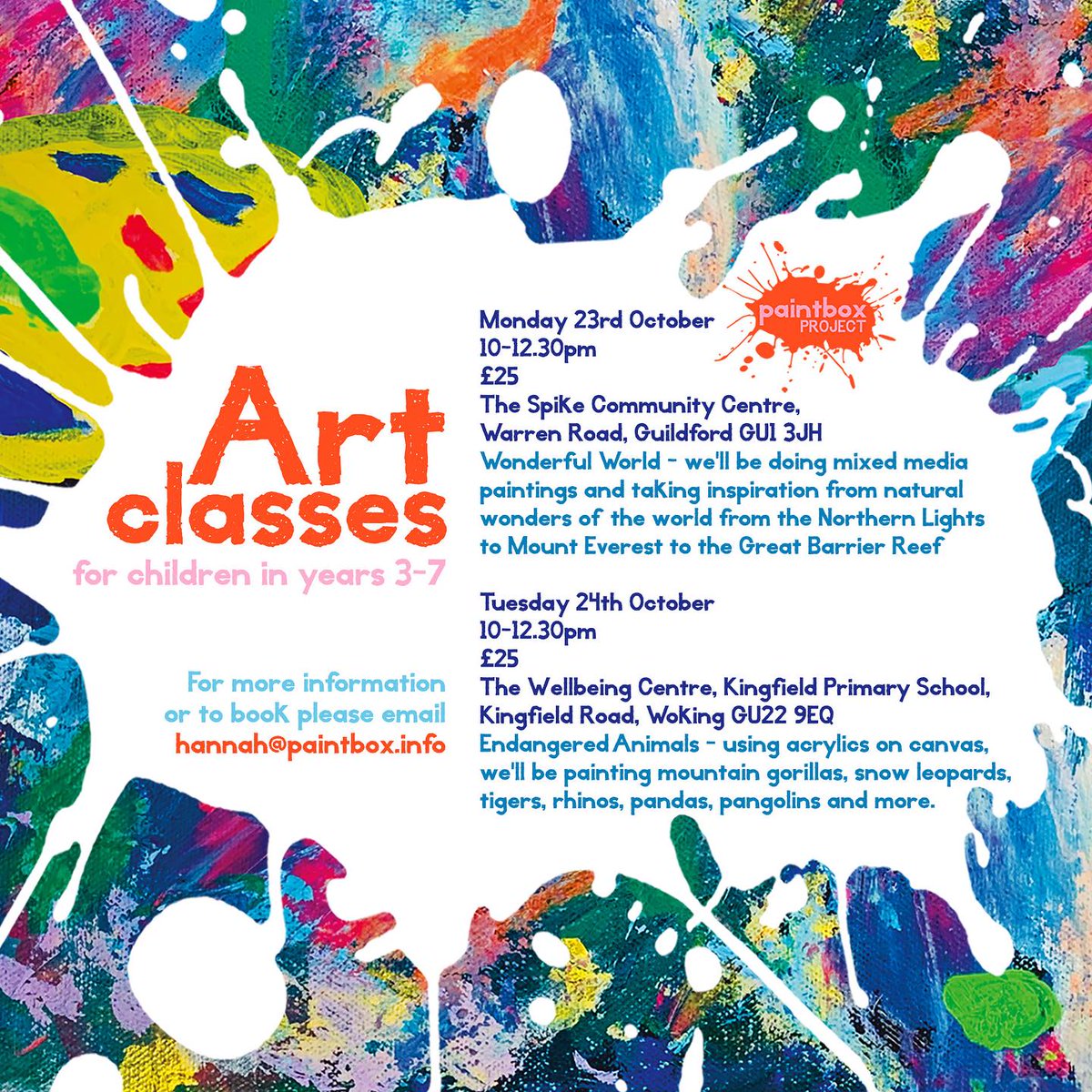 Join our arts partner @HannahPaintbox for half-term art classes! 

Contact hannah@paintbox.info for more information and to book🎨