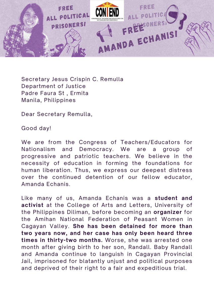 CONTEND_UP's tweet photo. [OPEN LETTER FOR THE IMMEDIATE RELEASE OF AMANDA ECHANIS]

We also call for the release of more than 700 political prisoners in the Philippines today!  

Read in full: https://t.co/XDAJjdcyEl

#FreeAmandaEchanis!
#FreeAllPoliticalPrisoners! https://t.co/cZu0Ou4FNO
