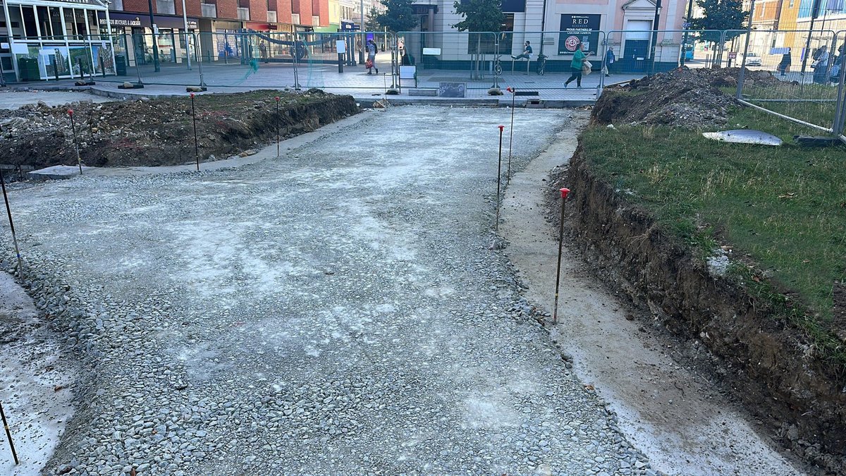 At The Paddock #Chatham timber formwork is being laid to mark out the granite seating to the new amphitheatre and concrete footings installed for the site wide granite walls and Corten steel edging. @medway_council @HTADesignLLP #ThePaddock #construction #publicrealm