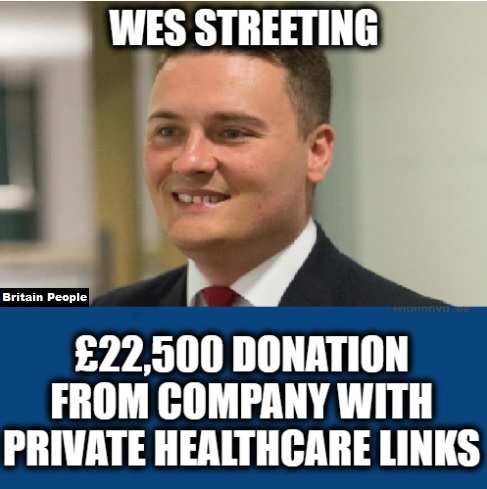 WES STREETING MP: SHADOW HEALTH SECRETARY 🔴Wes Streeting accepted a LARGE donation of £22,500 from a company that has investments in the private healthcare sector. RETWEET to discuss. @EveryDoctorUK #NHSPrivatisation