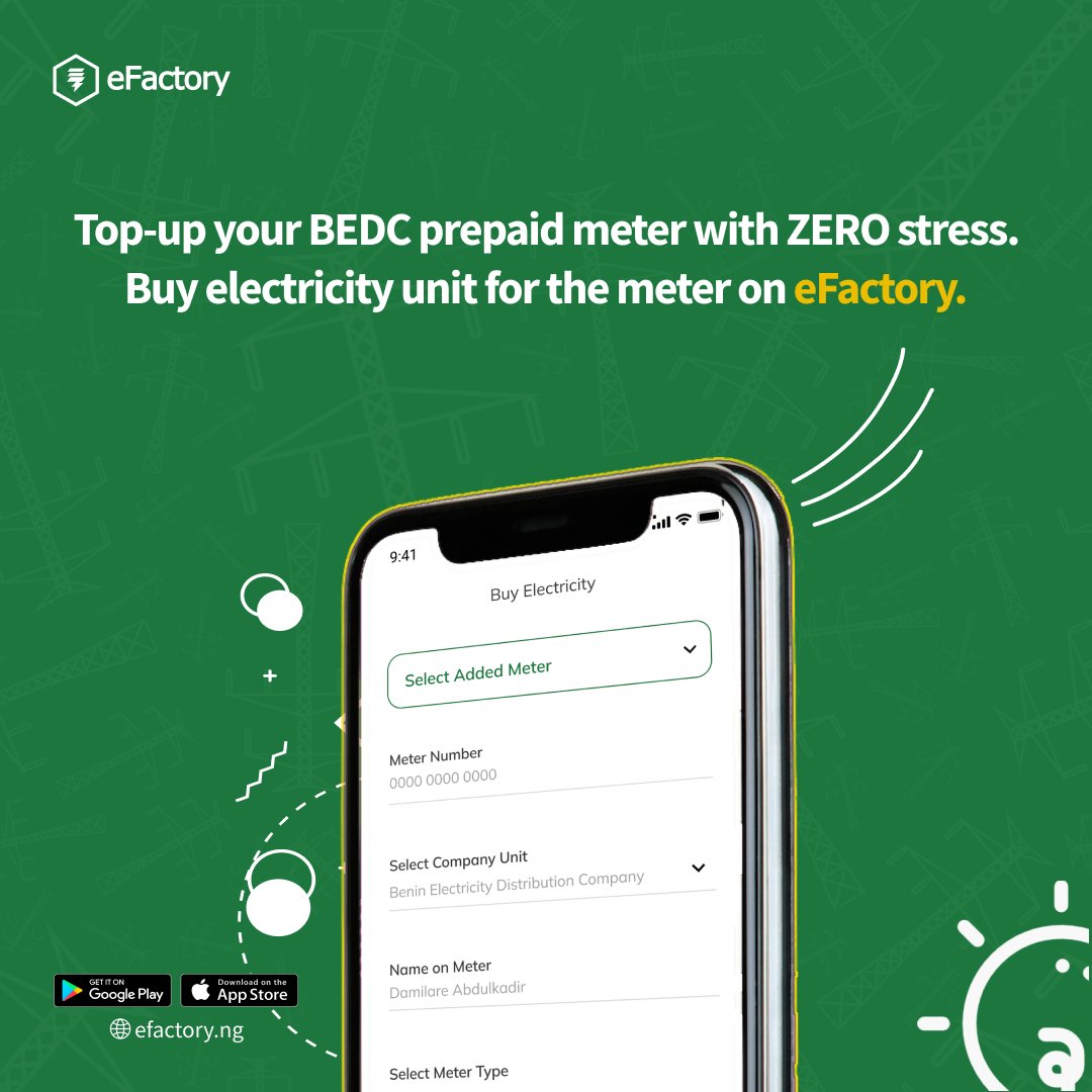 electFactory's tweet image. Top-up your BEDC prepaid meter with ZERO stress. Buy electricity unit for the meter on eFactory.

Get started: efactory.ng/buy-electricit…

#benin #bedc #electricitypayment #efactory
