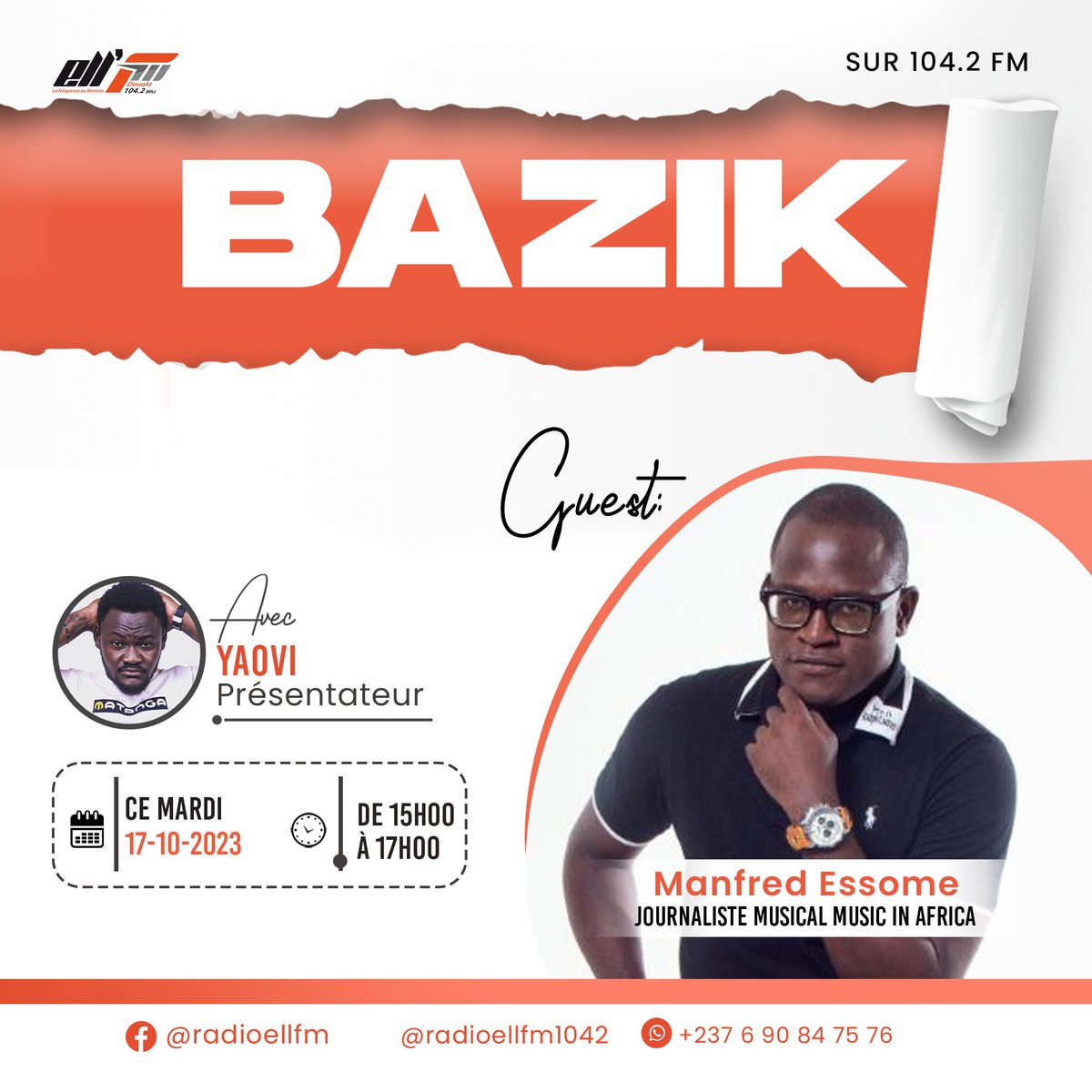 Reporter4Music's tweet image. Retrouvez-moi ce Mardi après-midi sur les ondes de la Radio #ELLFM 104.2 à #Douala @radioellfm1042 Émission #Bazik pour parler du Circuit Musical 🇨🇲 avec @MetrooMedia &amp;amp; @Charrier01. À la modération: @GUNSHOT_237