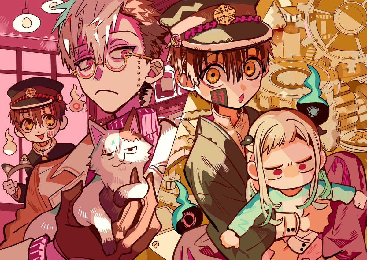 multiple boys gakuran hat 1girl glasses holding cat  illustration images