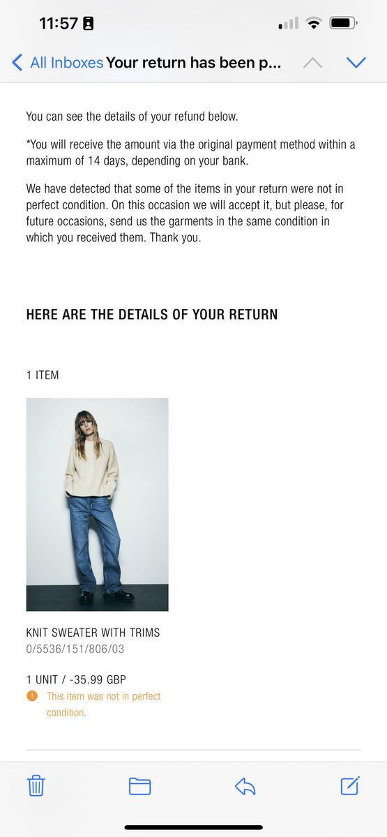 geethangx's tweet photo. @ZARA @ZARA_Care I’d suggest sending items in better condition - this was returned without even being tried on because upon just taking the item out of the box, I could feel the quality was shocking! Disgusting customer service to suggest this sort of thing. https://t.co/WGDA86BYXs