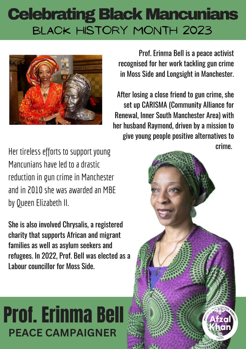 As we continue to celebrate the wonderful achievements of Black Mancunians this Black History Month, I'd like to honour the brilliant efforts of Professor Erinma Bell in tackling and successfully reducing gun crime across the city and providing opportunities to young people ⭐
