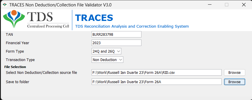 rajithrn's tweet photo. @IncomeTaxIndia @FinMinIndia In the TRACES Form 26A/27BA File Validator V3.0 utility, the button to proceed to the next step after entering data needed is missing. Kindly advise on how to generate the file without the button to proceed. https://t.co/J4jJAZ18kQ