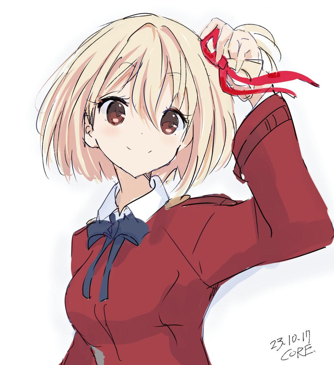 nishikigi chisato 1girl blonde hair lycoris uniform ribbon solo red ribbon smile  illustration images