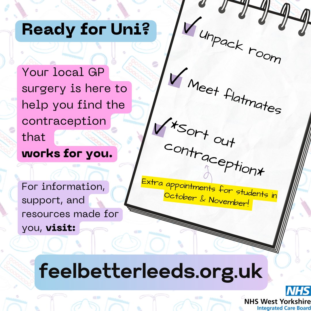 LeedsSexHealth's tweet image. Ready for uni? Chat to your GP about the contraception that’s right for you. There are extra appointments just for students until November; make sure you don’t miss out! 
Visit Sexual Health – contraception (feelbetterleeds.org.uk)
#WorksForMe