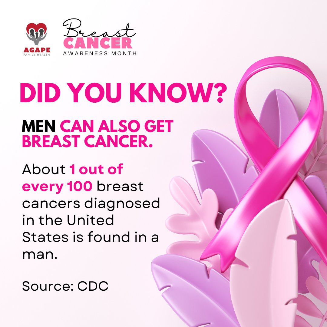 Breast Cancer Awareness Month is a reminder that about 1 in 100 breast cancers in the US are diagnosed in men. Let’s encourage the men in your life to be informed, be aware, and get checked. 💪🌸 #WomensHealth #BreastCancerAwarenessMonth #MensHealth #AgapeFamilyHealth