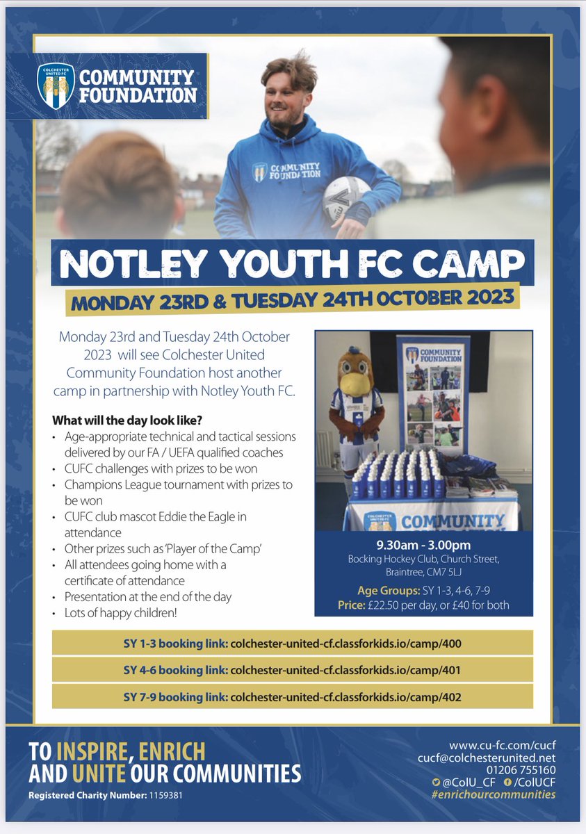 ⚽️Soccer Camp with CUCF 🔵⚪️ - Easter HT⚽️

💻 SY 1-3 colchester-united-cf.classforkids.io/camp/400
💻 SY 4-6 colchester-united-cf.classforkids.io/camp/401 
💻 SY 7-9 colchester-united-cf.classforkids.io/camp/402

Any questions, please email cucf@colchesterunited.net ⚽️

#HalfTerm #FootballCamp #Ballers #Fun #Training #Learning <a href="/ColU_CF/">Colchester United Community Foundation</a>