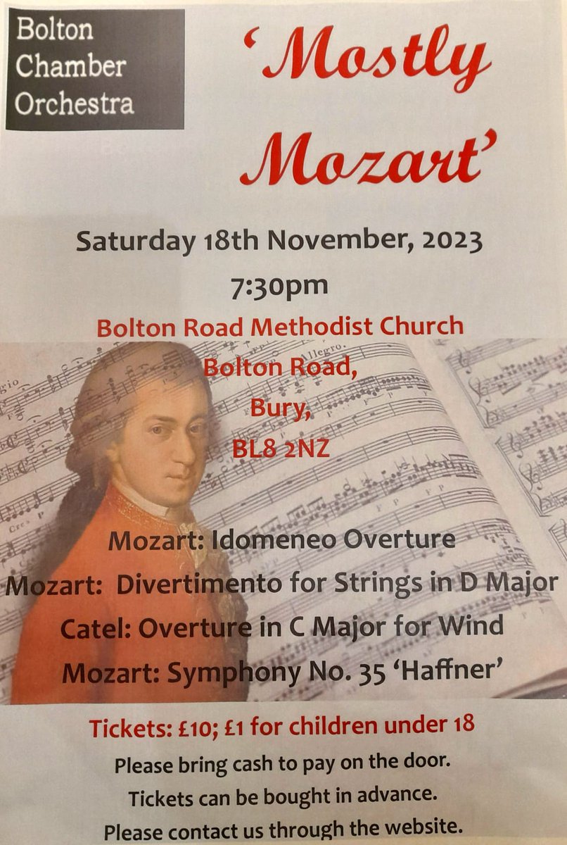 Our friends at Bolton Chamber Orchestra have put together a fantastic evening o Mozart-themed live music, taking place on Saturday 18th November at Bolton Road Methodist Church. Tickets now on sale. #music #chamberorchestra #mozart #bolton @BoltonOrch