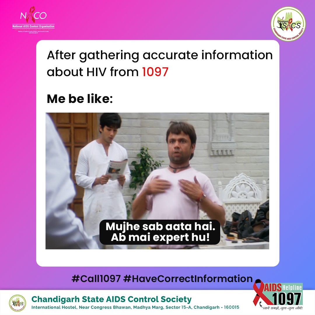 SACSChandigarh's tweet photo. For authentic and correct information on #AIDS and #HIV dial helpline number: 1097

#CSACS #HIVFreeLife #KnowFacts #AwarenessAboutHIV #ZeroNewInfections #KnowFacts #KnowHIV #HIVFreeIndia #CorrectInformation

@MoHFW_INDIA https://t.co/zykaggCHqp