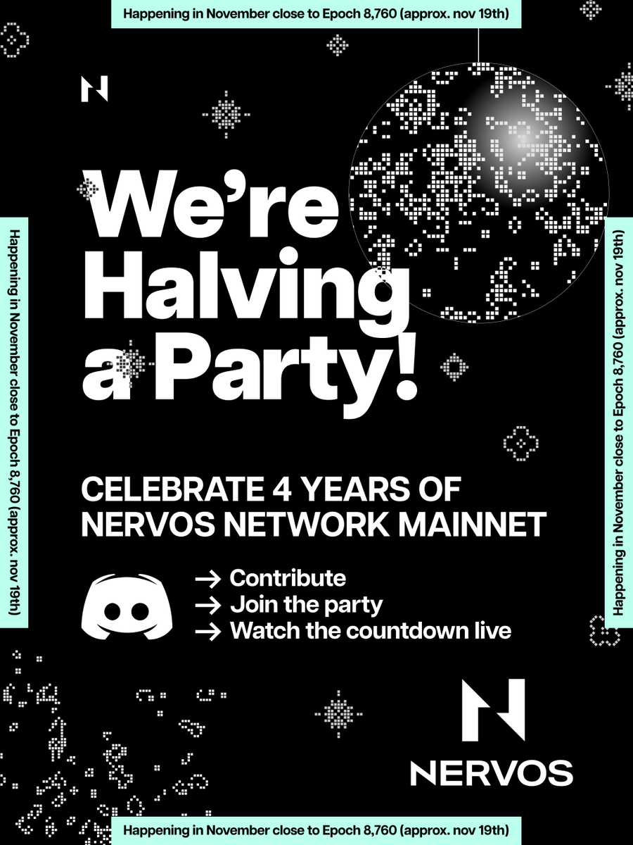 T-minus 1 month📆

The $CKB halving is right around the corner- in honor of this milestone- We're Halving a Party🎉

Celebrate 4 years of #NervosNetwork with the community!
Join the discord for the latest on the event👇
discord.gg/tBAbby6dVG?eve…