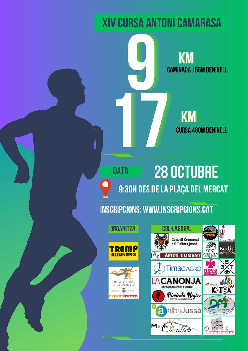 AjTremp's tweet photo. 🏃‍♀️Dissabte 28 d'octubre arriba una nova edició de la Cursa Antoni Camarasa.

La XIV edició comprèn una cursa de 17k i una caminada de 9km pels corriols i camins del municipi de Tremp.

Inscripcions a https://t.co/AVXnGkpPvl

🙌@TrempRunners https://t.co/psJ3Ot62m1