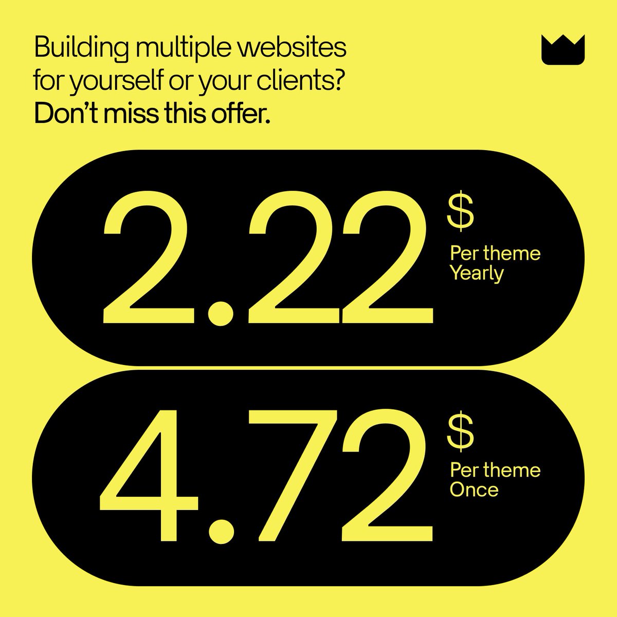 Yup, it’s a steal.

Get the theme bundle option with code “BundleUp” until November 1st.

Themeskingdom.com