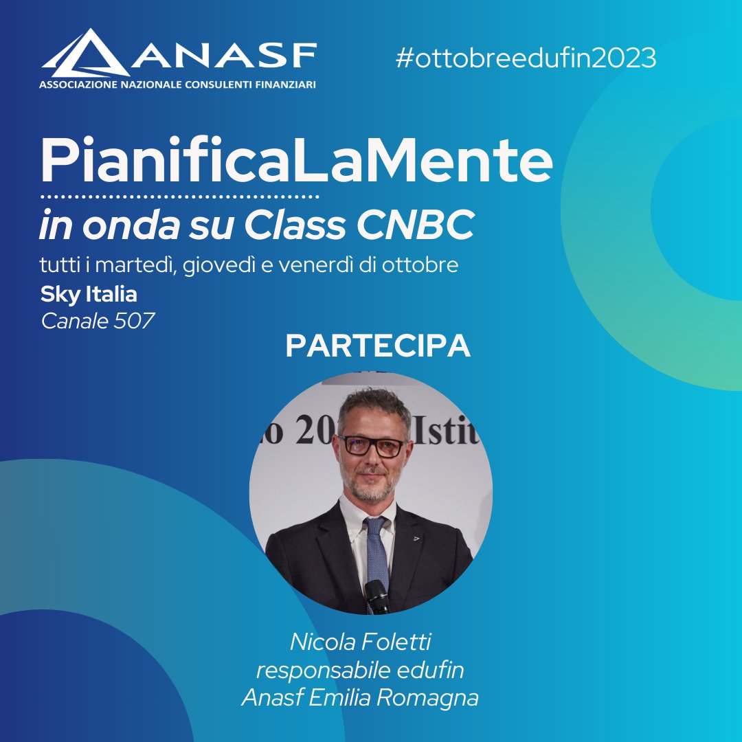anasfCF's tweet photo. 🎥 Alle 16:00 segui Pianifica la Mente, il format televisivo di @classcnbc in collaborazione con #Anasf, in onda ogni martedì, giovedì e venerdì di #Ottobreedufin2023

L’ospite di questa settimana è Nicola Foletti, responsabile educazione finanziaria  @ANASF_ER  

Segui la puntata sul canale 507 di Sky e su https://t.co/gnUdRSefiL