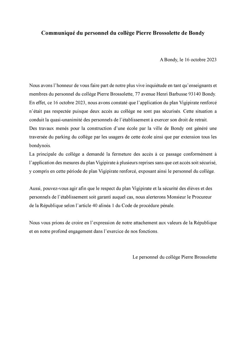 snesfsu93's tweet photo. 🔴 Les accès au collège Pierre Brossolette (Bondy) ne sont pas sécurisés : le personnel inquiet demande l'intervention des pouvoirs publics !
@MaireSHerve @VilledeBondy

Hier, lundi 16 octobre, les membres du personnel étaient en droit de retrait.

@93Fsu @SnesFsuCreteil @SNESFSU https://t.co/zNji6cLT6C