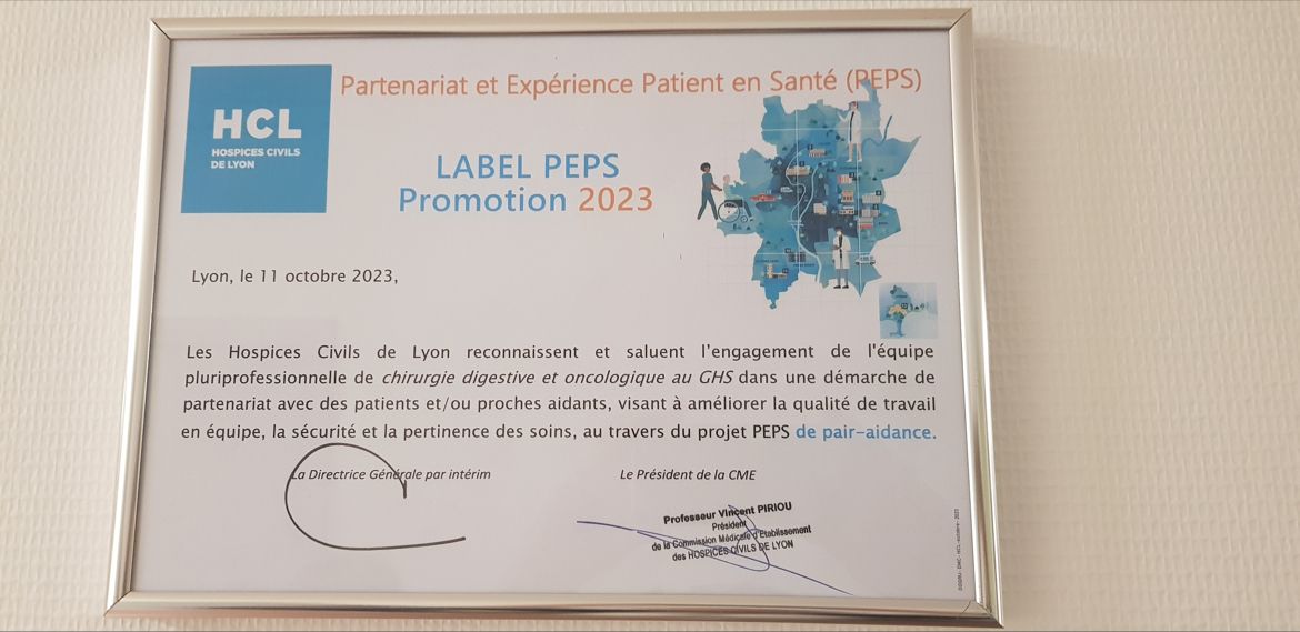 Un grand merci et 👏 à toute l'équipe Chirurgie Digestive et Oncologique @CHUdeLyon, @glehenolivier , E. Coeur, @AssocAmarape, V Rivoire et @PatriciaPichonG pour leur implication dans ce projet de pair-aidance, labellisé PEPS pour la prise en charge des #carcinosespéritonéales.