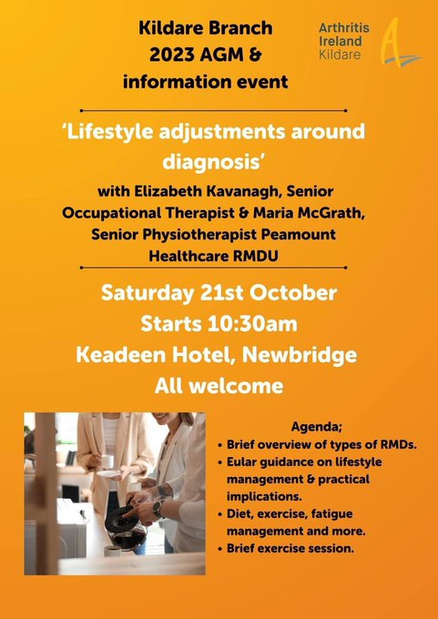 Kildare Branch @Arthritisie AGM & Information Event next Saturday in Newbridge at 10.30am - all welcome Members of our Rheumatology team will be presenting on 'Lifestyle Adjustments After Diagnosis' @AOTInews @_ISCP_CPR @IRHPS1 @trust_indi @DMHospitalGroup
