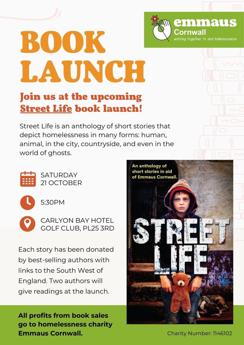 helenpgarlick's tweet photo. Invitation! Book launch! 
Will you be in Cornwall Sat 21 Oct 5.30pm? A touching beautiful short story collection: Street Life for ⁦@EmmausUK⁩ ⁦@CornwallEmmaus⁩ 
Will read my short story Omega and Alpha 
Carlyon Bay Golf club from 5.30pm. Join us! 🙏🏼 https://t.co/P0eqQoMqdc