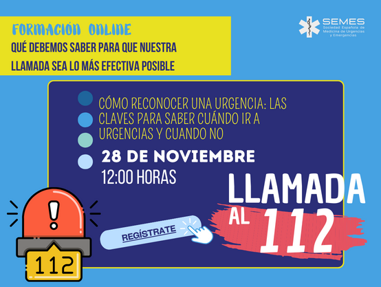 🚑De la mano de <a href="/RCPdesdemicole/">RCP desde mi cole</a> ponemos a disposición de #pacientes y sociedad general esta formación para identificar una #urgencia y llamar al #112 de manera efectiva

🗓️28/11
🕔12:00
💻Online

👇👇Regístrate: semes.org/evento/formaci…
