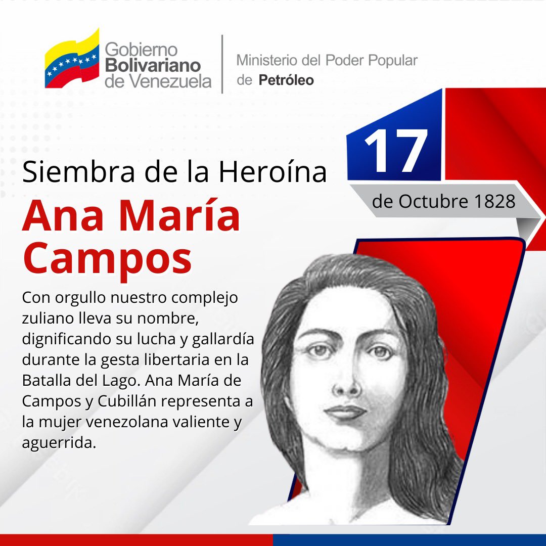 #Efeméride🗓 Se cumplen 195 años de la siembra de la Heroína Ana María Campos, combatiente en la Batalla del Lago.

Nuestro <a href="/PequivenAMC/">Pequiven AMC</a> lleva su nombre con gran orgullo.🇻🇪

#ConMaduroMásVerdadYPaz
#TrabajoEnEquipoVictoriaSegura🇻🇪

<a href="/NicolasMaduro/">Nicolás Maduro</a> 
<a href="/TellecheaRuiz/">Rafael Tellechea</a> 
<a href="/nlaconchamolina/">@NLaConchaMolina</a>