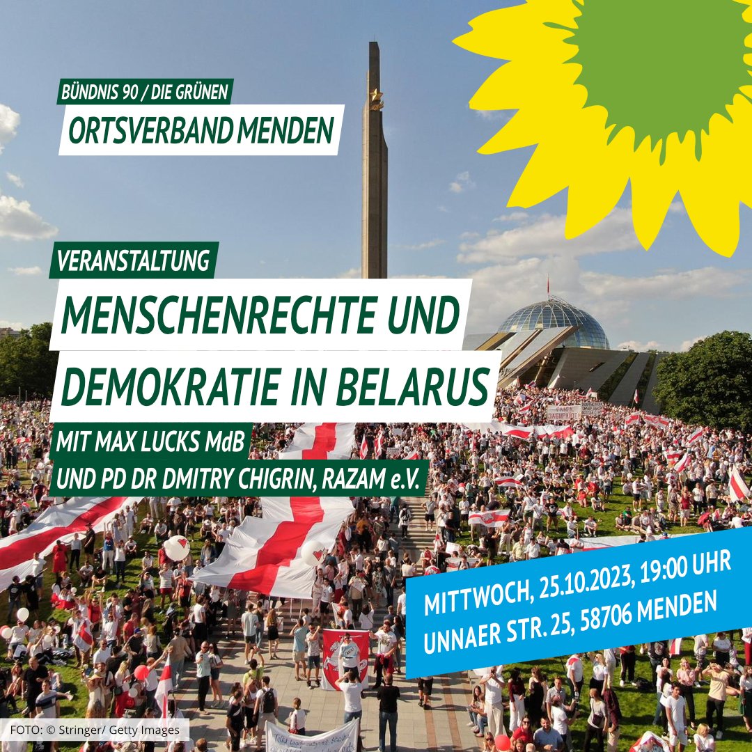 EINLADUNG: Mittwoch, 25.10.23, 19:00 Uhr in der Begegnungsstätte der Behindertenhilfe Menden, Unnaer Str. 25, 58706 Menden. Infos zur aktuellen Situation in #BELARUS sowie Diskussion über Möglichkeiten zur Unterstützung. @max_lucks und @dnchigrin auf Einladung @GrunenIn