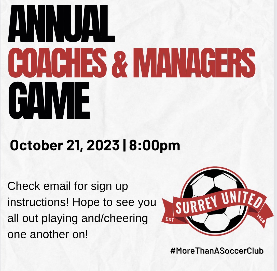 SurreyUnitedSC's tweet photo. It’s back and looks to be bigger than ever! Join other SUSC coaches and managers for a fun night on and off the pitch this weekend. Sign up instructions have been sent by email and we hope to see you all there! #coachappreciation #managerappreciation https://t.co/Oji8awPX8T