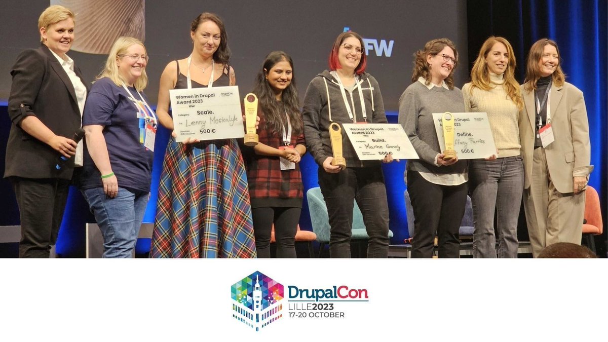 Celebrating the 2023 Women In Drupal Award winners!🏆🎖

🎉Congratulations to

➡️ Define: Tiffany Farriss (<a href="/farriss/">Tiffany Farriss</a>)
➡️ Build: Marine Gandy (<a href="/mupsigraphy/">Marine Gandy</a>)
➡️ Scale: Lenny Moskalyk (@LennyMoskalyk)

#WomenInDrupal #WomenInTech #Drupal #DrupalConLille #DrupalConEur
<a href="/FFWglobal/">FFW</a>