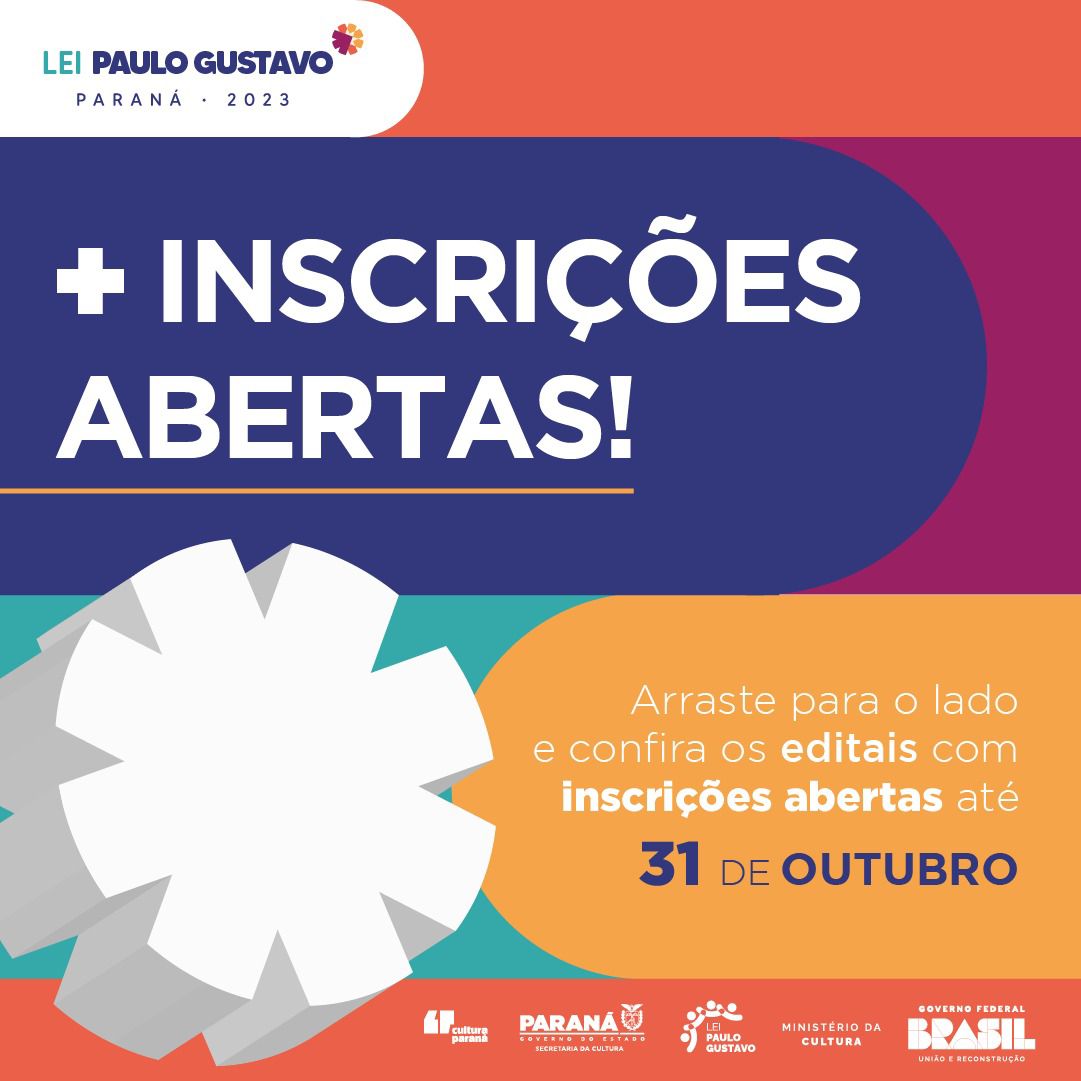 Novos editais da LPG já estão no ar! 📢📢📢 As inscrições vão de hoje, 17 de outubro, até 31 de outubro.

👉 Informações, cronogramas e notícias sobre os editais, acesse: cultura.pr.gov.br.