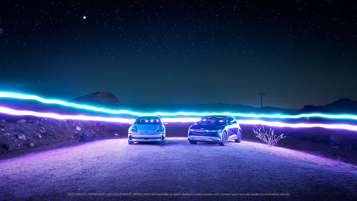 Hyundai's tweet photo. An electrified oasis in the desert. 🌩️ The Hyundai #IONIQ5 and #IONIQ6. https://t.co/xnzewGcd0H