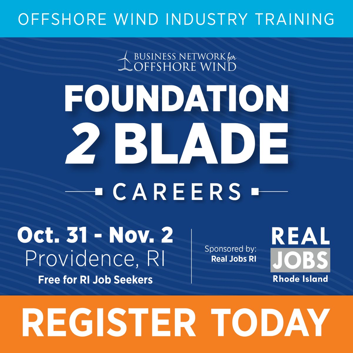 RI businesses: Register for Foundation 2 Blade: Careers, the premier training program that gives you resources to help you find employment in #offshorewind. Training starts 10/31 at CIC Providence. Sponsored by @offshorewindus @RI_DLT. Register: F2BRJRIOct.eventbrite.com