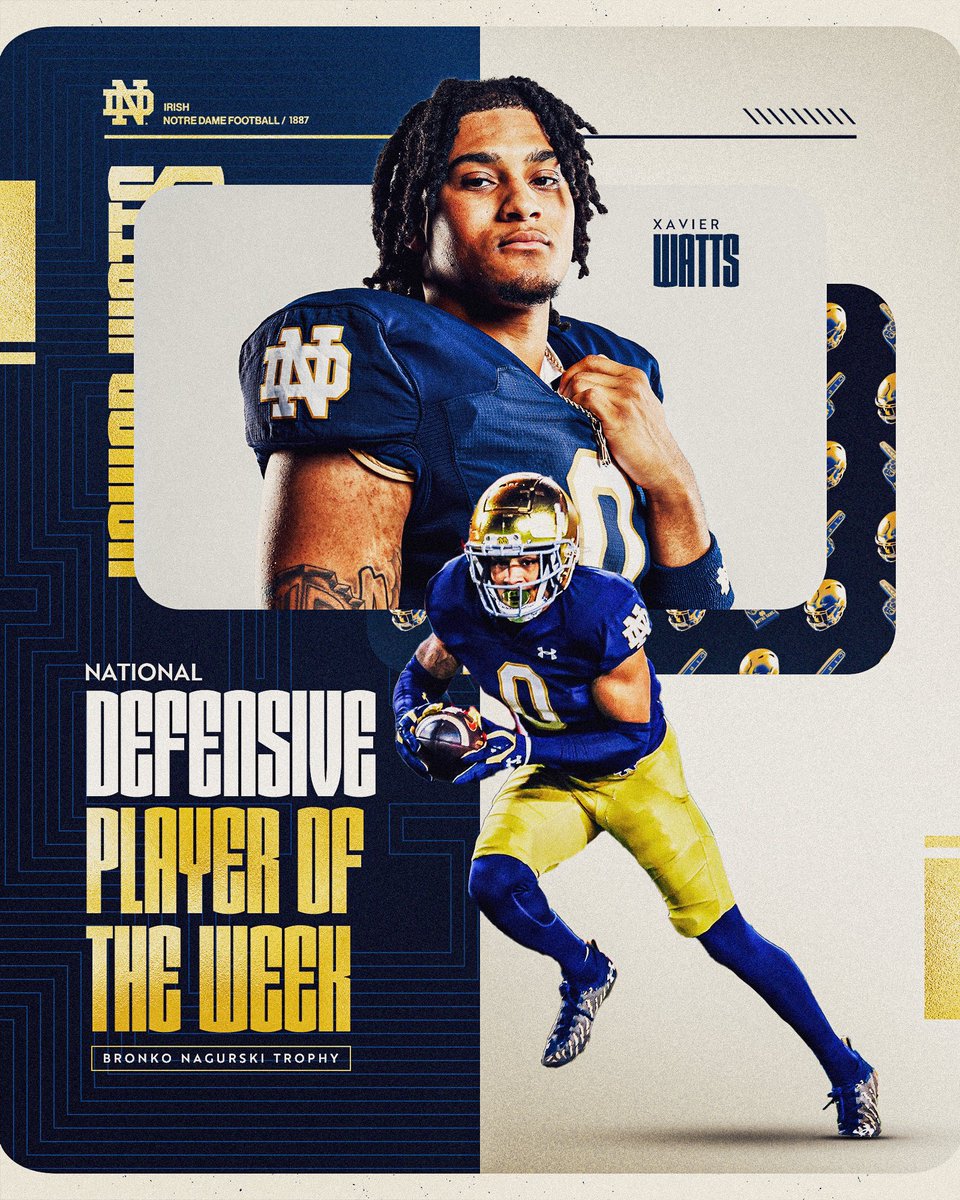 0️⃣

Xavier Watts has been named the Bronko Nagurski Trophy National Player of the Week

#GoIrish☘️