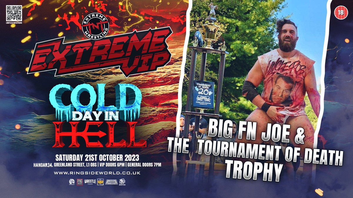 TNTExtremeWres's tweet image. ❄️ COLD DAY IN HELL 🔥

This weekend's VIP photoshoot is a big one! Get your photo with Big FN Joe AND his newly-won Tournament of Death trophy! Do not miss this!

🎟️ GET YOUR TICKETS HERE 🎟️
ringsideworld.co.uk/event6593/tnt-…