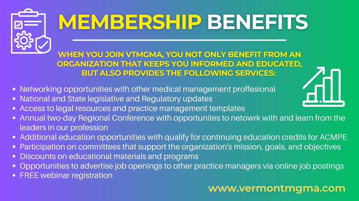 Check out our member benefits! When you join VTMGMA, you benefit from an organization that keeps you informed, educated, and so much more! Go to our website to see all our member benefits: vermontmgma.com