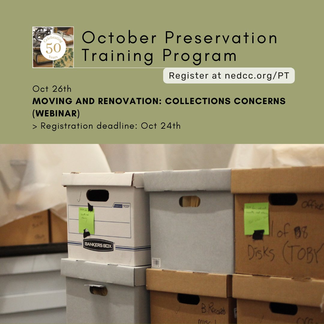 NEDCCInfo's tweet photo. ๐ฃ Join us for the MOVING AND RENOVATION: COLLECTIONS CONCERNS webinar on October 26th to gain insights on effectively managing the potential risks of temporary storage challenges. Register at https://t.co/pShxPRTm7E.
#CollectionsManagement #CollectionsCare #SpecialCollections https://t.co/09COevkKUW