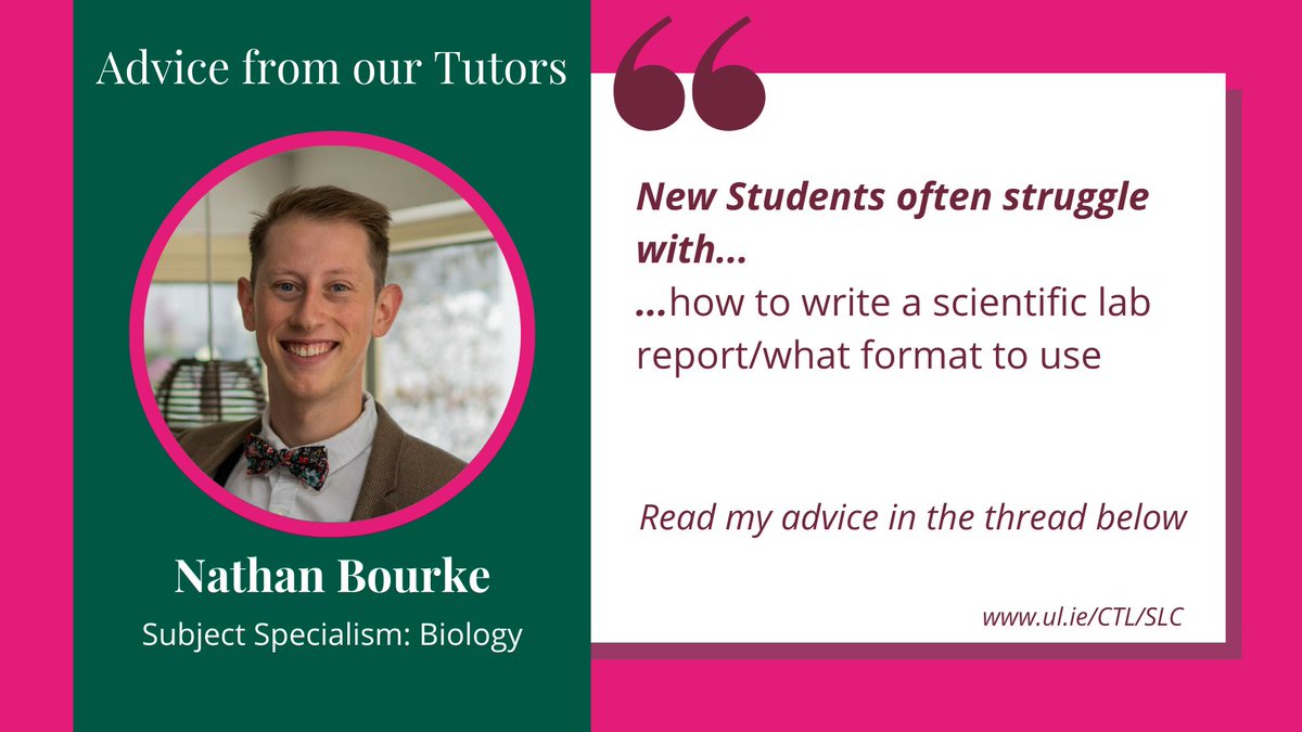 SLCUL's tweet image. Struggling with any lab reports? Find out what advice one of our tutors, Nathan, recommends in the comments! #science #sciencesupport #UL #study #labreport #undergraduate #postgraduate #unilife